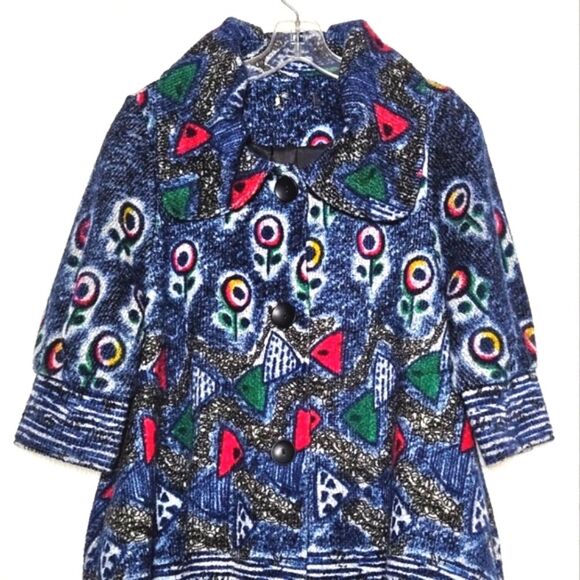 Damee Inc Wearable Art Vintage Blue Abstract Floral 3/4 Sleeve Swing Coat Jacket - Picture 9 of 12
